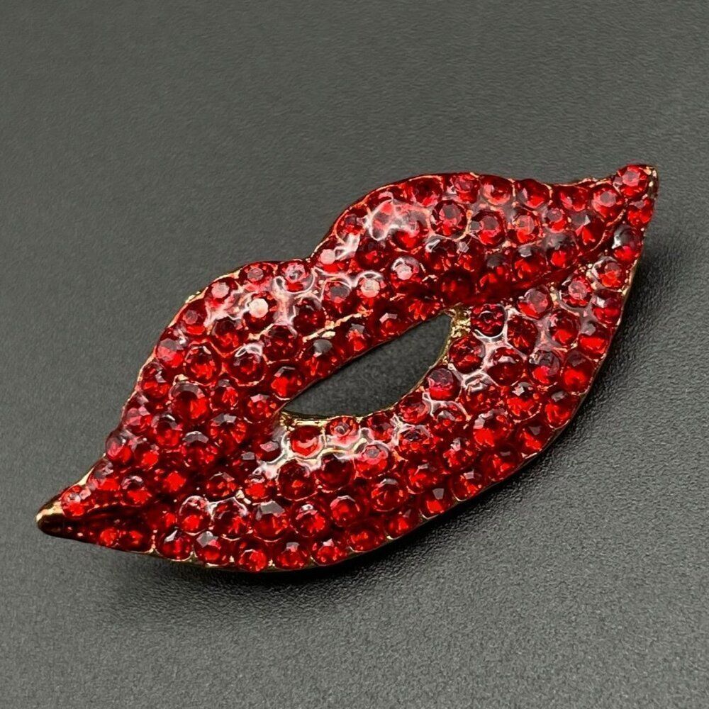 Yellow Gold with Ruby Red Crystal Lip Shaped Pin Back Brooch